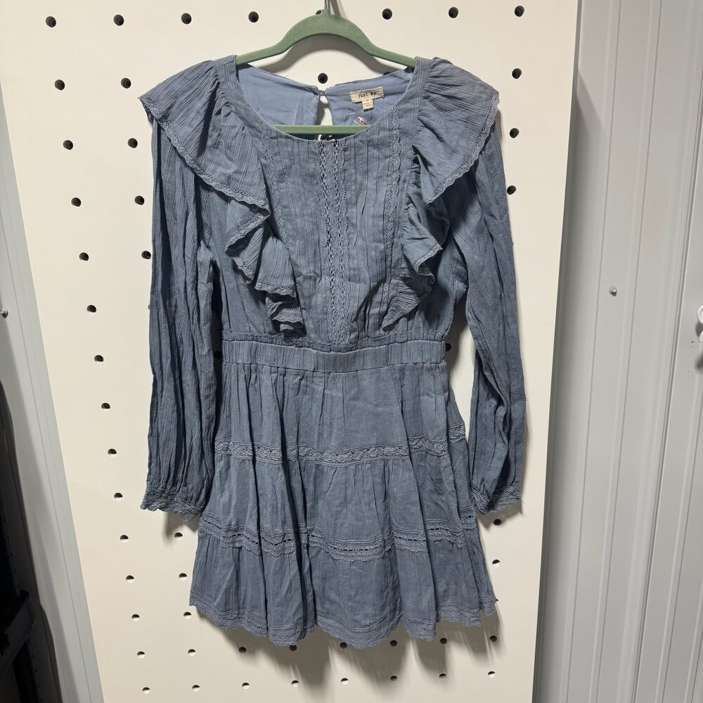 Just Me Dusty Blue Long Sleeve Dress w/ button down back